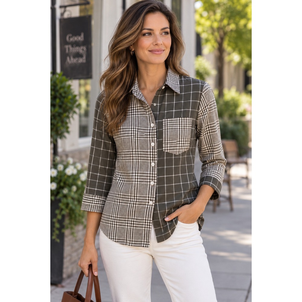 Lands' End Women's 2P Button Up Shirt Green Mixed Plaid Cotton No Iron Outdoor